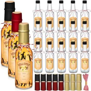Tioncy 16 Pcs Empty Vanilla Extract Bottles for Homemade Vanilla Jar Glass Bottle with Cap, Shrink Band, Sticker DIY Crafts Wedding Gift Food Storage Canister for Bean(Black, Red, Gold,3 oz)