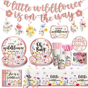 162pcs Wildflower Baby Shower Decorations Tableware for 25 Guests A Little Wildflower is on the Way Baby Shower Banner Hanging Swirls Plates Napkins Straws Forks Tablecloth for Girl