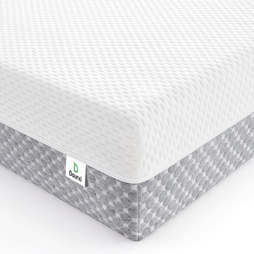 Dourxi Crib Mattress, Dual Sided Comfort Memory Foam Toddler Bed Mattress, Triple-Layer Breathable Premium Baby Mattress for Infant and Toddler w/Removable Outer Cover - White&Grey