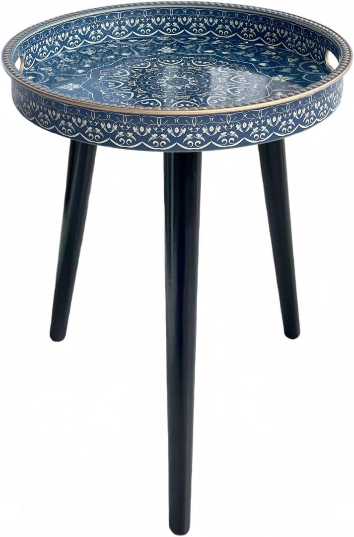 Small Round Side Table with Boho Mandala Pattern Tray - 13" Vintage Navy Blue Tripod End Table with 3 Moisture-Resistant Wrapped Wood Legs - Cute Accent Nightstand for Living Room & Bedroom
