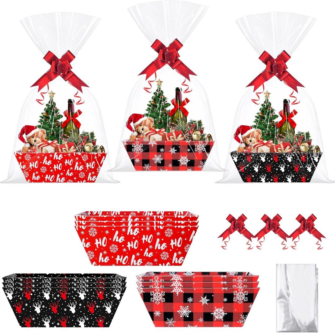 12 Sets Red Black Gingham Christmas Gift Basket Empty with Cellophane Bags 10x7, Red Black Checkered Christmas Basket to Fill with Bows Ribbons for Xmas Holiday Party Supplies
