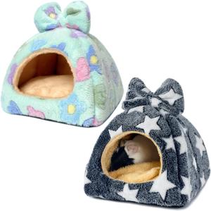 Guinea Pig Hideout 2 Pack Rat Bed Chinchilla House Cute Habitat Warm&Cozy Cage Accessories for Ferret Hedgehog Small Pet Washable (Grey+Green)