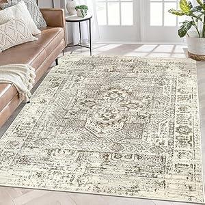 Lahome Boho Washable 5x7 Area Rugs for Living Room, Vintage Oriental Rug for Bedroom Faux Wool Non-Slip, Soft Low-Pile Indoor Carpet for Dining Room Home Office Decor, Beige