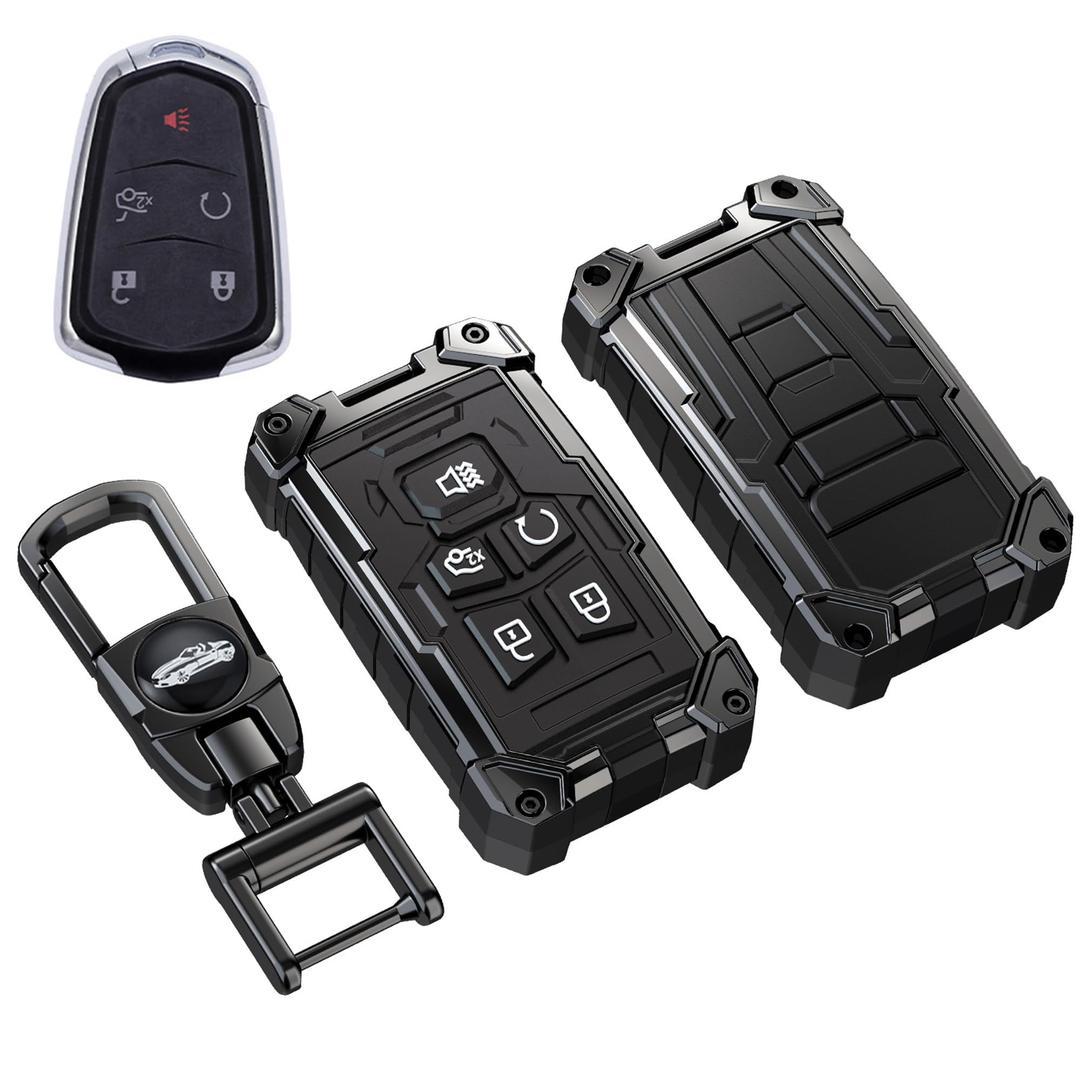 Heavy Key Fob Cover for Cadillac, Keychain, Metal Silicone Key Fob Case Compatible with Cadillac ATS ATS-v CTS CT6 XTS XT5 XT4 XT6 SRX 2014 2015 2016 2017 2018 2019 2020 2021 (Black, R Buckle)
