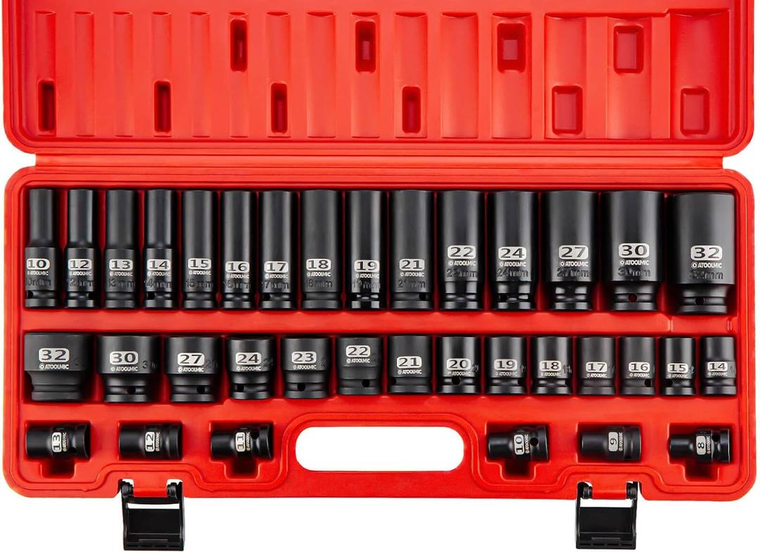 1/2" Spuare Drive 35 Piece Impact Socket Set,Metric Shallow (8-32mm) and Deep (10-32mm) Allen Sockets,Dual Size Markings,6 Point Radius Corner Design,CR-MO Alloy Steel for Auto Repair