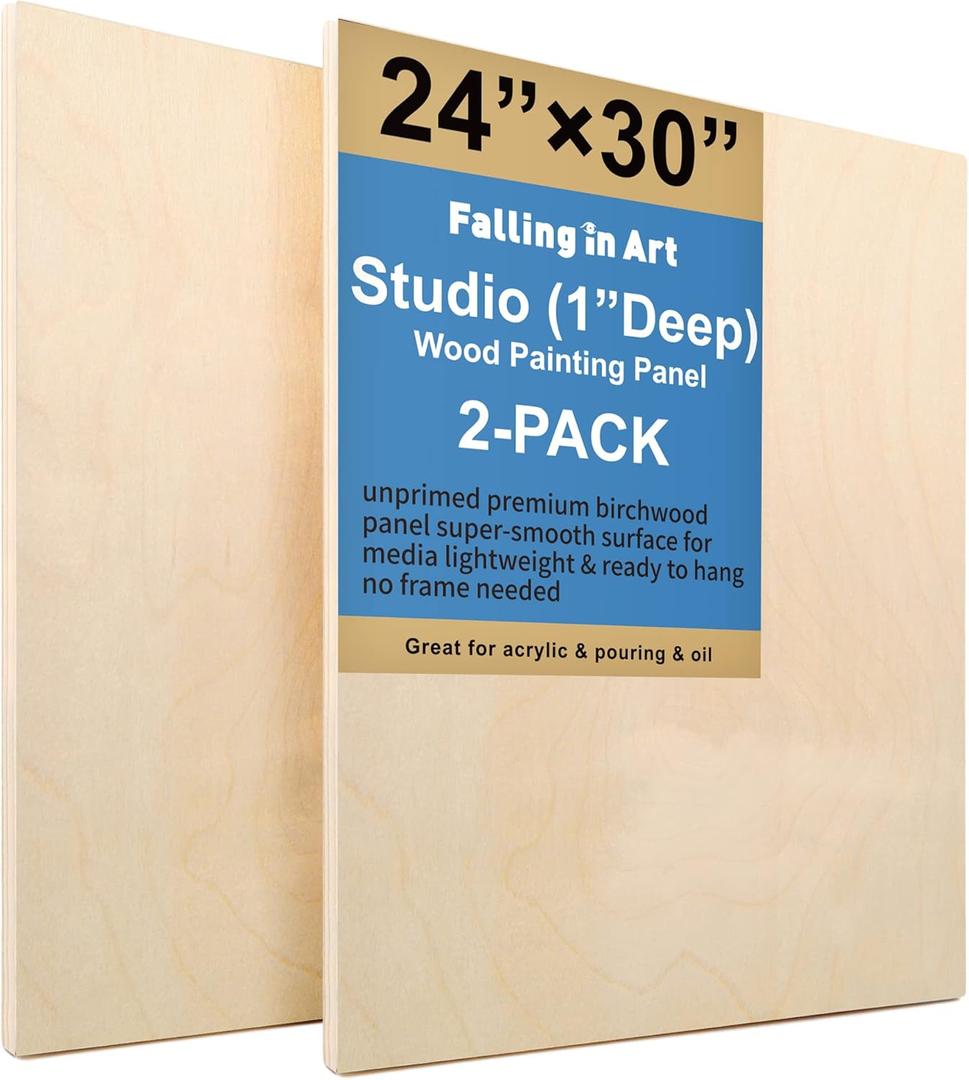 Falling in Art Unfinished Birch Wood Panels Kit for Painting, Wooden Canvas 2 Pack of 24x30 Studio 1 Deep, Cradle Boards for Pouring, Art, Crafts, Burning and More
