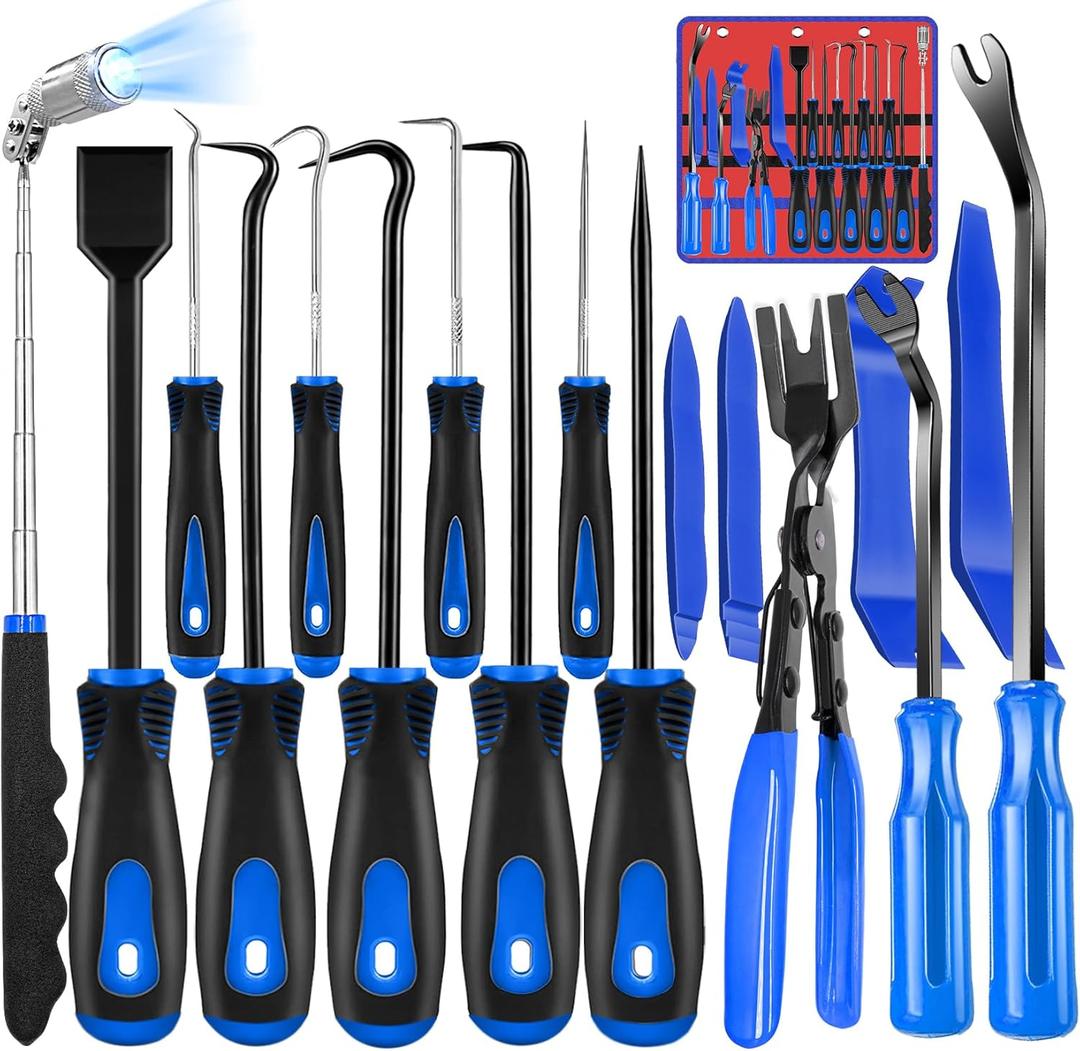 Keze 17 Pcs Hook and Pick Set Auto Trim Removal Tool Kit,Clip Plier Remover Tool Gasket Scraper Telescoping Magnetic Pickup Tool for Automotive Repair and Car Body Door Panel Fastener Removal