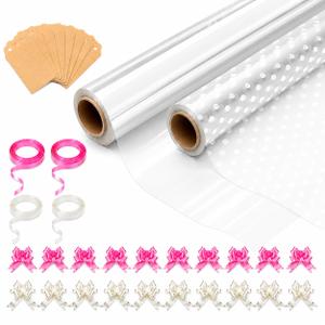 HURUC Clear Cellophane Wrap for Hampers 40cmx30m with Large 10 Pull Bows 2 Ribbons & 5 Gift Tags, Florist Cellophane Wrap Rolls to pack Gifts Chocolates Flowers for Birthday, Anniversary, Wedding