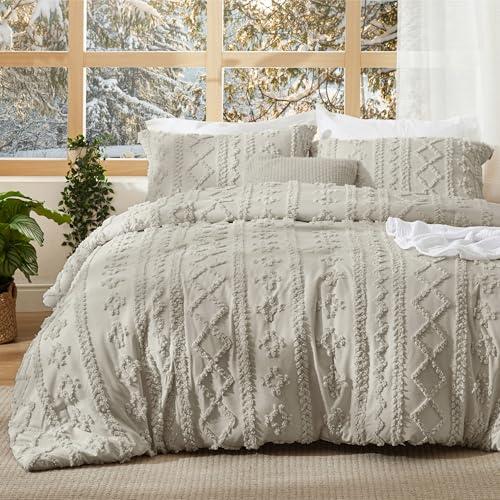 Bedsure Tufted Boho Comforter Set King Size - Linen Boho Bed Set, GentleSoft™ 3 Pieces Farmhouse Shabby Chic Embroidery Bedding, Gifts for Woman, Soft Jacquard King Comforter for All Seasons