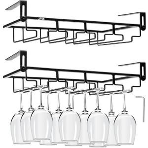 AUHOKY 2Pcs Adjustable Under Cabinet Stemware Metal Glass Holder, Hanging Drink Cooler Glass Storage Hanger Organizer for Shelf Kitchen Bar Decor(4 Rows, Black)