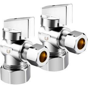 2 Pack Premium Brass (1/2" Nominal Comp) 5/8" OD Comp x 3/8 Inch OD Compression Quarter Turn Water Angle Stop Valve Shut Off