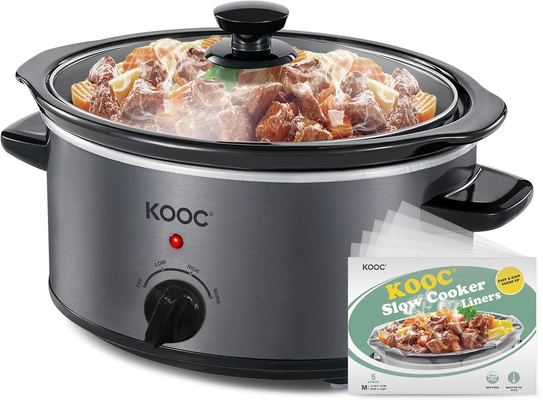 KOOC 4-Quart Slow Cooker, 3 Cooking Settings, Dishwasher Safe Ceramic Crock, Lid, Free Pot Liners Included, GREY, Ellipse Pot