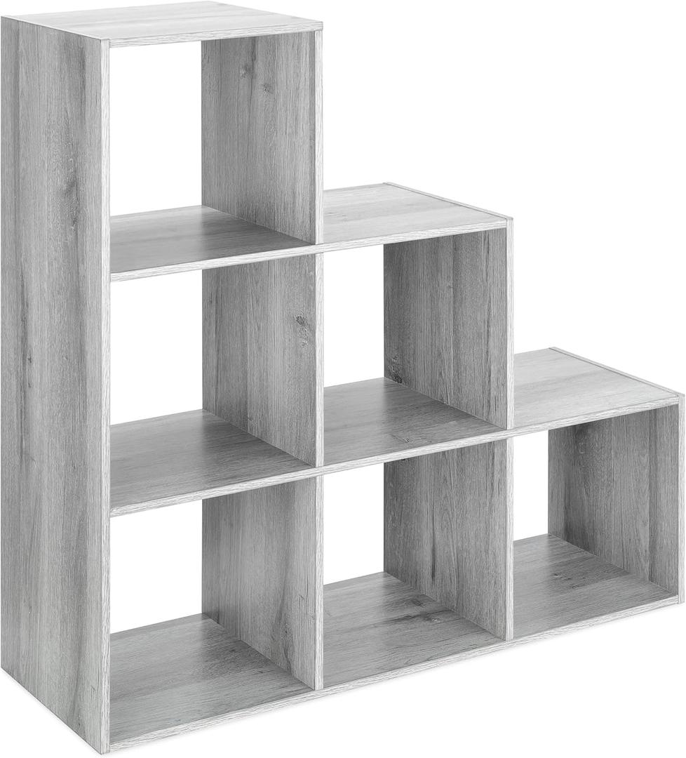 Whitmor 6 Cubes Bookshelf, Freestanding 6 Cube Stepped Etagere Bookcase, L Shaped Ladder Corner Open Bookshelf, Wood Storage Display Shelf for Living Room Home Office, 11.7"L x 35.6"W x 35.6"H, Gray (Grey)