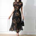 GothDark Women's Summer Floral Mesh Ruffle Dress Short Sleeve Round Neck Waist Cinched Casual Maxi Wedding Guest Dresses (Black) S