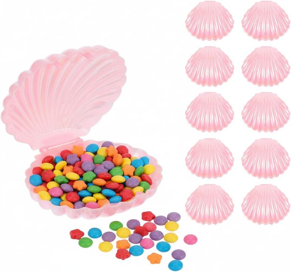 Veemoon Sea Shell Candy Boxes, 10pcs Sea Clam Favor Box Plastic Chocolate Container Seashell Jewelry Case Party Seashell Holder for Wedding Birthday Beach Party Decorations, Pink