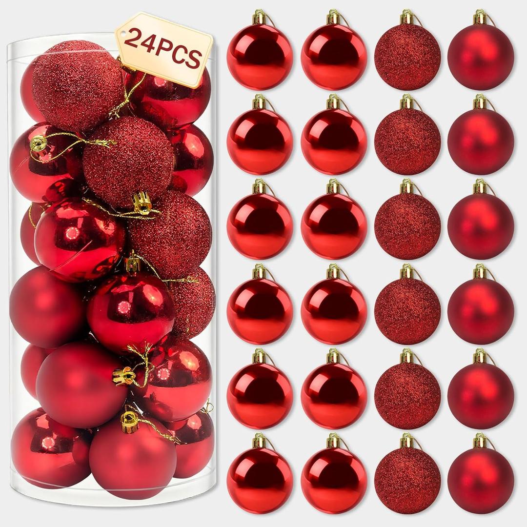 Napzy 24 Count Shatterproof Christmas Ball Ornaments Set, 2.36 Inch Red Christmas Tree Decorations for Xmas Holiday Party Decor, Wreath and Garland Hanging Balls