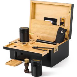 Large Bamboo Box with Combination Lock  Decorative Boxes with Removable Tray Kit, Airtight Glass Jars & Storage Accessories, Wooden Storage Kit for Home Use (Black)