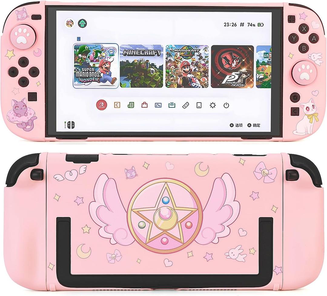 GamePals Protective Shell Compatible with Switch 2, Cute Slim Case for Switch 2, Anti-Scratch and Shock-Absorption Design Cover Skin - Sailoe Moon (Pink)