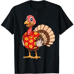 Turkey Hawaiian Thanksgiving Turkey Funny Hawaii Beach Party Men Women Kids T-Shirt (Small, Men)