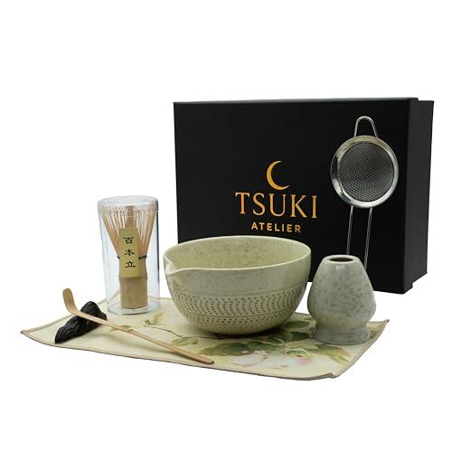 7 Pcs Matcha Whisk Set – Matcha Kit - Ceramic Bowl, Bamboo Whisk & Holder, Scoop, Sifter, Scoop Rest & Tea Towel – Elegant Matcha Kit for Tea Lovers, Home Decor & Zen Spaces (Green)