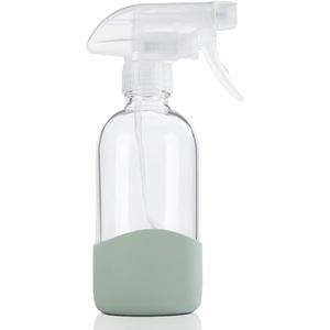 HOMBYS 8 Oz Empty Clear Glass Spray Bottles with Silicone Sleeve Protection Refillable Containers for Cleaning Solutions, Essential Oils, Misting Plants - Quality Sprayer - 1 Pack Boston Bottles (Army Green)
