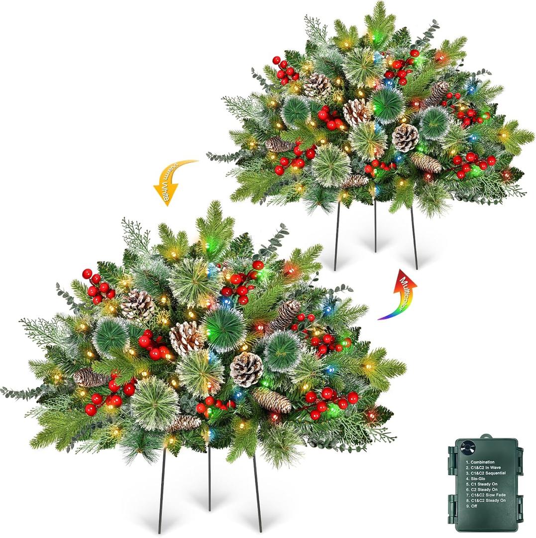 2 Pack 24" Lighted Outdoor Christmas Tree Urn Fillers Holiday Planters with Timer 8 Mode Warm & Colorful Light 6 Style Branches Eucalyptus Pinecones Red Berries Tripod Stake Front Porch Indoor Decor