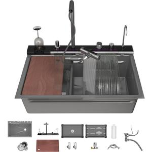 Double Waterfall Kitchen Sink 33 x 22 in 9 Gauge Stainless Steel Smart Kitchen Sink Digital Display Modern Sinks With Soap Dispenser Single Bowl Workstation Sinks With Pull-out Faucet