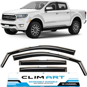 CLIM ART in-Channel Incredibly Durable Rain Guards for Ford Ranger 2019-2023 SuperCrew, Original Window Deflectors, Vent Deflector, Vent Window Visors, Dark Smoke, Truck Accessories, 4pcs - 619124LP
