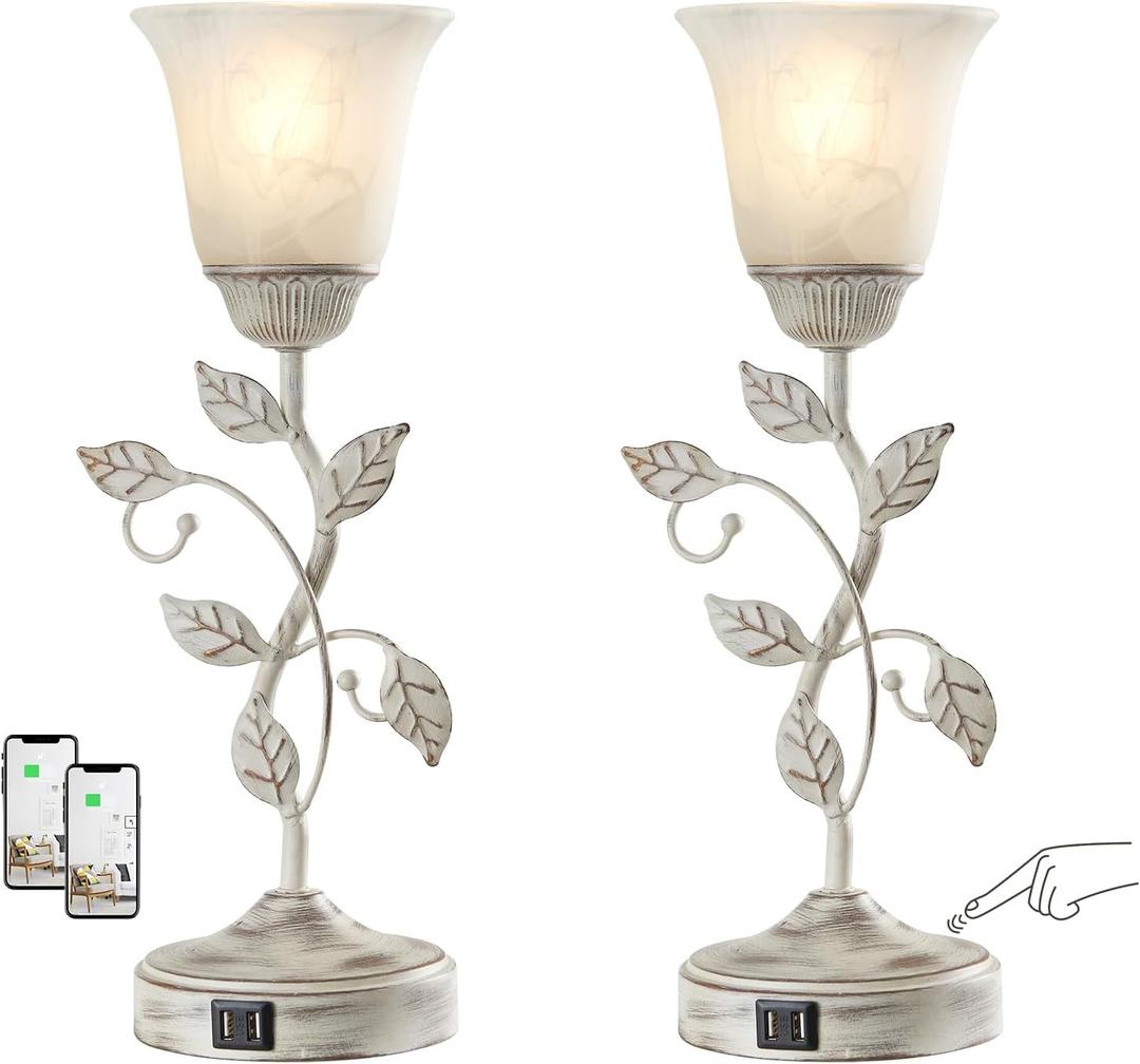 Set of 2 Rustic Touch Table Lamps for Bedroom, 3-Way Dimmable Nightstand Flower Lamp with 2 USB Ports, Retro White Glass Shade Leaf Lamp for Living Room Entryway, 2 LED Bulb Included