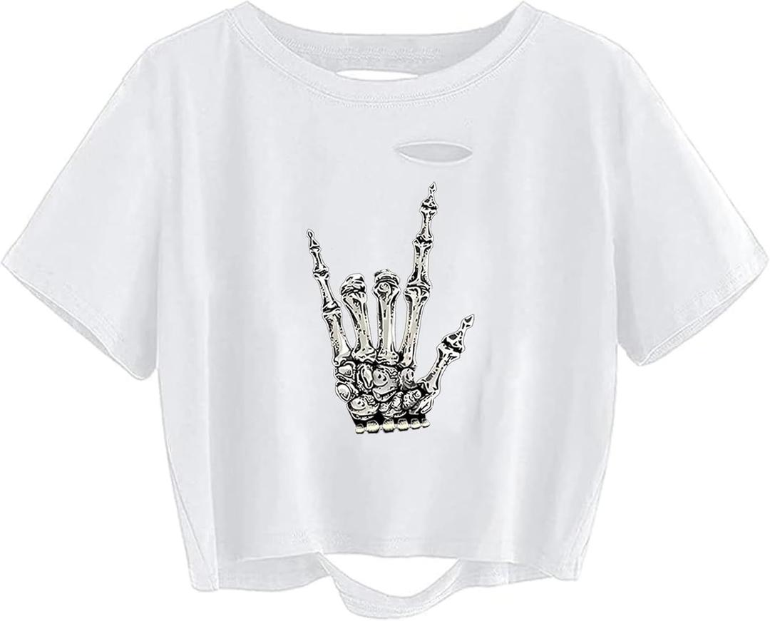 vblane Graphic Oversized Crop Tops for Women Loose Cropped Distressed Tshirt Short-Sleeve Vintage Boxy Tee Shirts (White) L