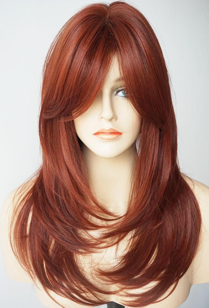 Long Layered Shoulder Length Copper brown wig Synthetic Hair Fiber Multicolor Wigs for White Women