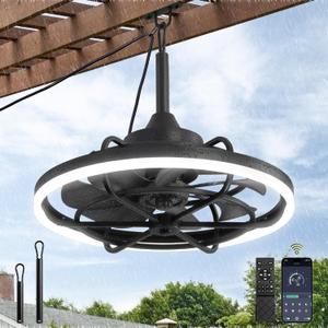 Outdoor Ceiling Fans with Light for Patios, 20" Weatherproof Plug in Ceiling Fan, Gazebo Fan Remote&APP Control, 3CCT Dimmable,Caged Ceiling Fan with Hanging Hook for Porch, Pergola,Canopy (Black)