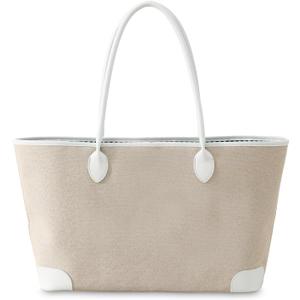 Linen Tote Bag for Women, Large Capacity Beach Bag with PU Leather Trim for Travel Work Shopping (White)