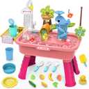Water Table for Toddlers 1-3Water table with pumpToy Kitchen Sets for kids ages 4-8, Play Sink with Running Water & Electric FaucetIncludes Play Vegetables, Tableware & Fishing Game (Pink)