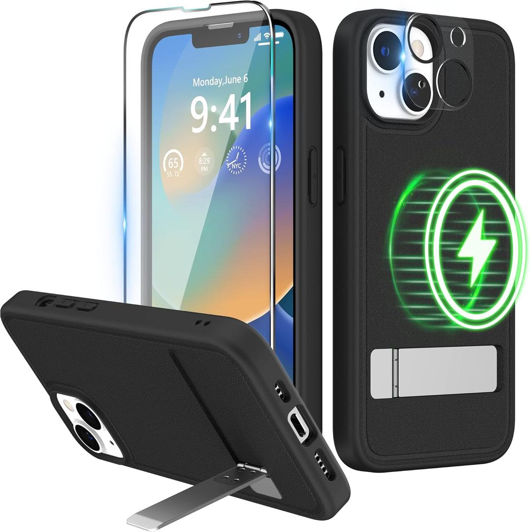 Magnetic Case for iPhone 14 Plus Case 6.7-Inch (2022), Slim Kickstand with Screen Protector Compatible with Magsafe Shockproof Translucent Matte Cases Phone Case Cover, Black