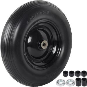 4.80/4.00-8" Flat Free Tire and Wheel - 16 Inch Solid Rubber Wheelbarrow Tires with 5/8" and 3/4" Ball Bearings, 3" Centered Hub (Extra Adapter kit includes Bearing, 1" and 1/2" Nylon Spacers)