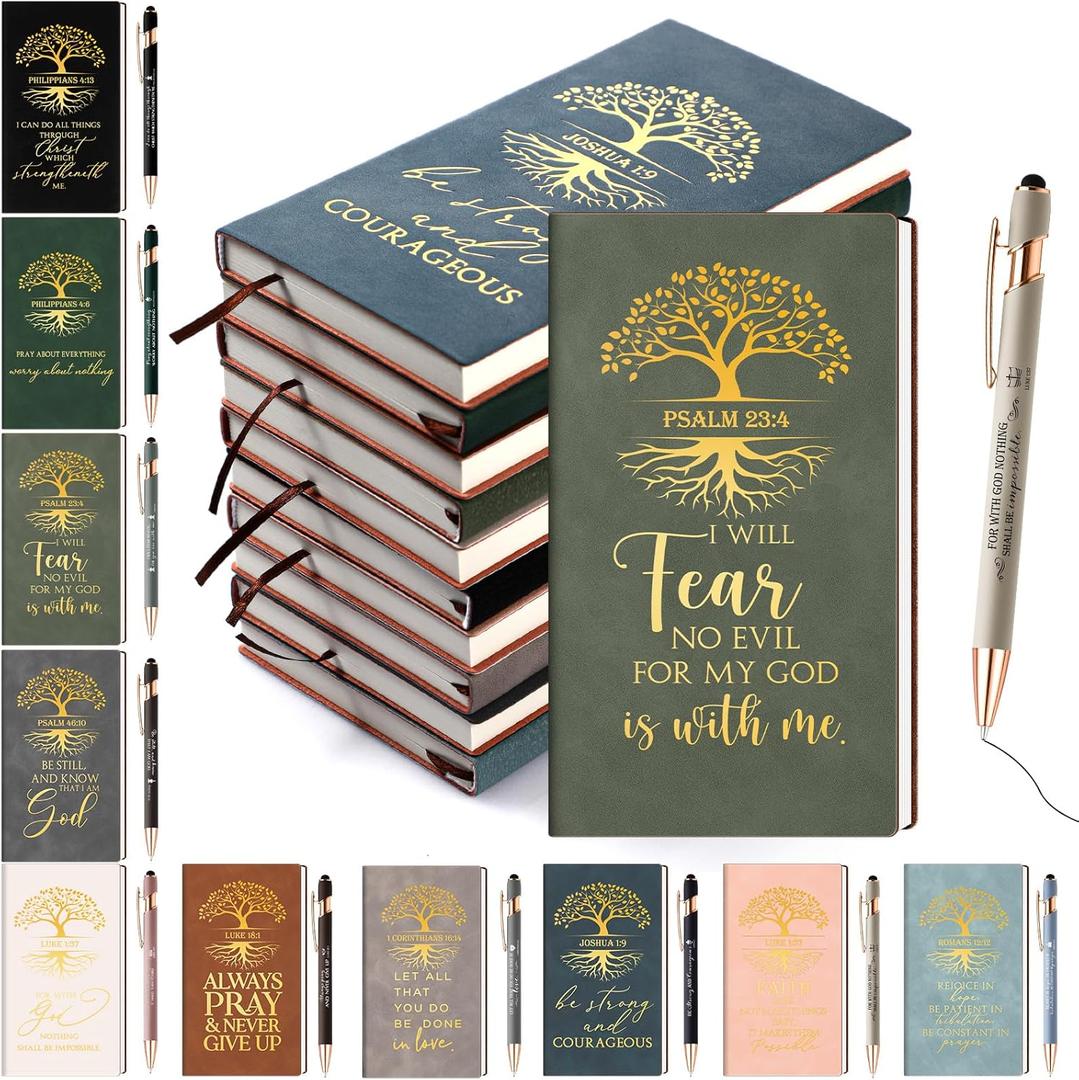 Crtiin 20 Sets/ 40 Pcs Christian Gifts Bulk Mother's Day Religious Notebooks Motivational Pens Tree of Life Bible Verse Leather Prayer Journal Gifts for Men Women Church Members(Neutral Colors)