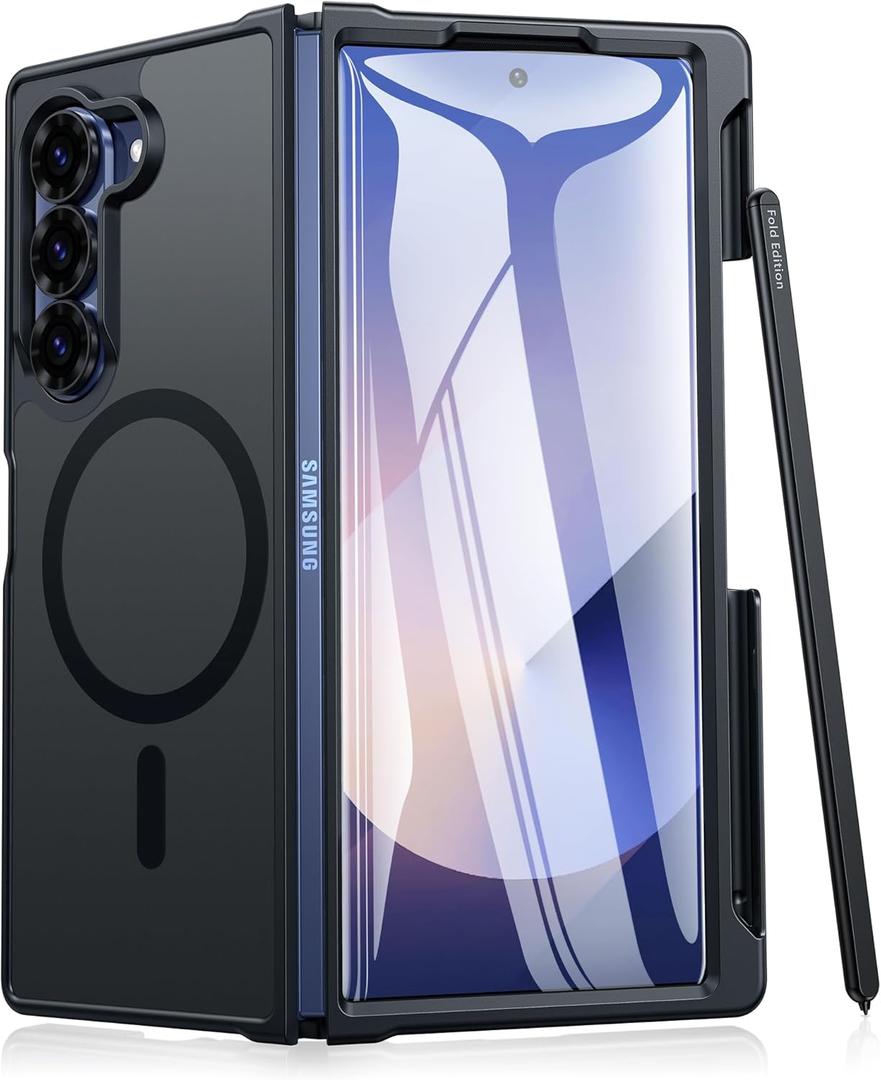FNTCASE for Samsung Galaxy Z-Fold-6 Case: Strong Magnetic Military Grade Drop Protection Phone Cases with S Pen Holder Slot Matte Slim Built-in Screen Protector Cover Rugged Shockproof TPU (Black)