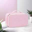 Relavel Cute Makeup Bag for Girls, Portable Pink Cosmetic Bag, Dual-layer Makeup Pouch with Brush Holder, Multi-Functional Preppy Toiletry Organizer for Travel, Daily Use - Pink Strip