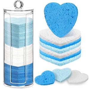 Sieral 120 Pcs Compressed Facial Sponges with Container Disposable Face Sponge Pads for Washing Face Cleansing Exfoliating Esthetician Makeup Removal(Heart,Blue, Light Blue, White)