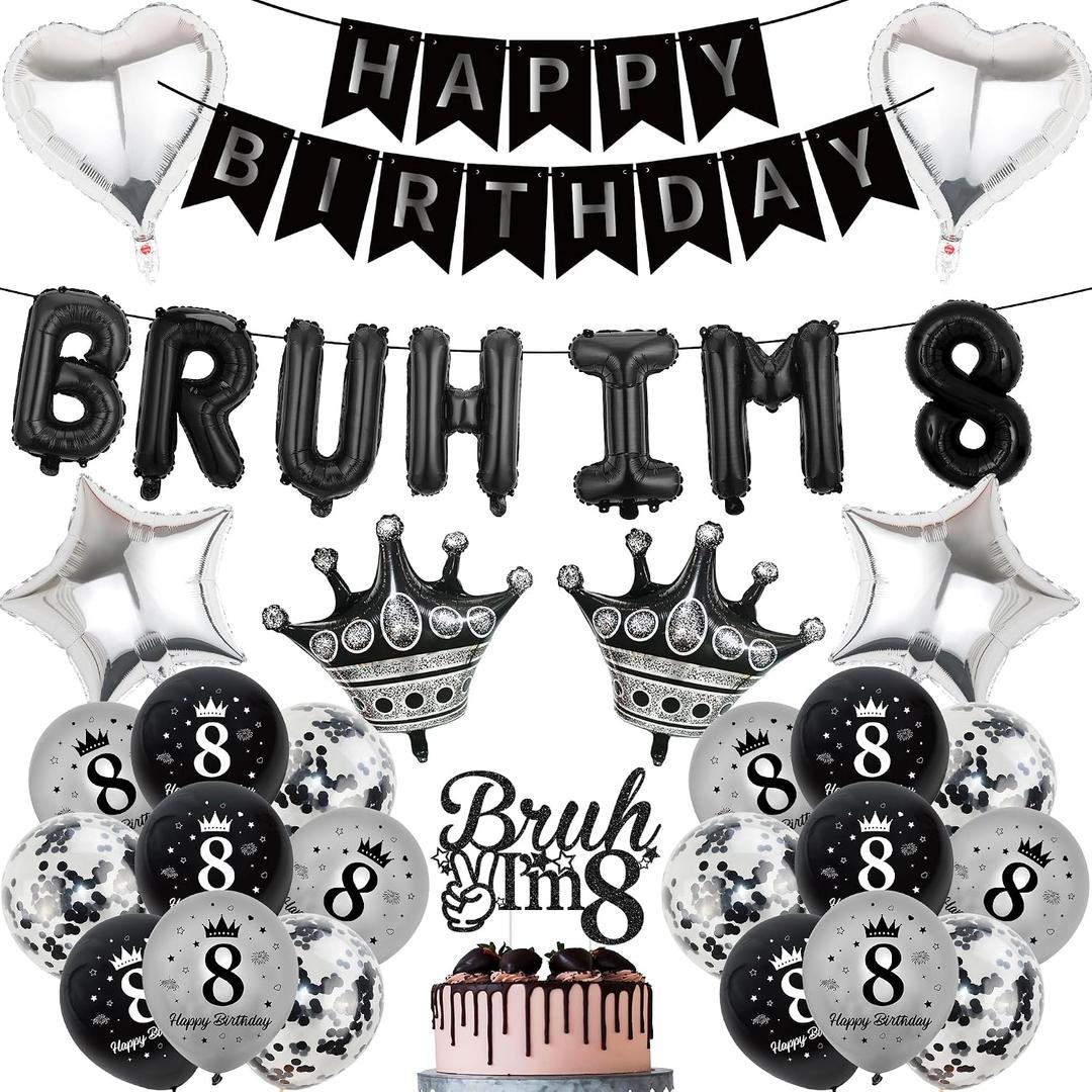 8th Birthday Decorations Balloons Boys - 33 Pcs Black Silver Bruh Im 8 Banner Fishtail Flag Foil Number Cake Topper Balloon Set for Boy 8 Year Old Happy Birthday Party Decor Supplies