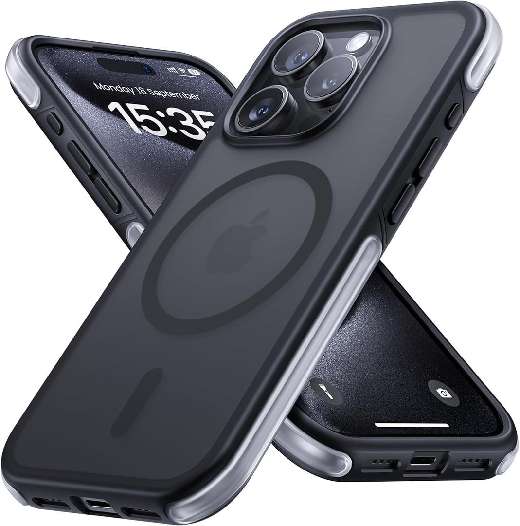 Lamicall Magnetic Phone Case for iPhone 15 Pro, for MagSafe - [18 FT Mil-Grade Drop Protection] Phone Case with Air Bumpers and Raised Edges, Shockproof Case for iPhone 15 Pro, Black