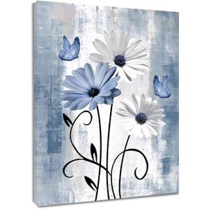 MYUSRE Farmhouse Blue Floral Wall Art for Living Room, Blue and White Daisy Butterfly on Abstract Geometric Canvas Wall Art Country Flower Pictures for Bedroom Bathroom Home Decor, 16L X 12W inches