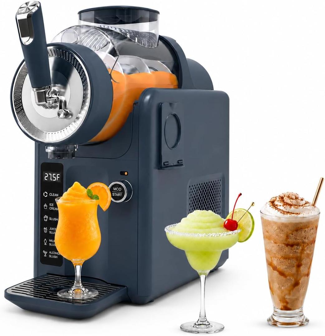 SYINTAO Slushie Machine No Ice Needed, 2-in-1 Frozen Drink & Soft Serve Ice Cream Maker, Self-Chilling Slushy Maker with 5 Presets, LED Display & Auto Clean for Home & Party (Blue&Gray)