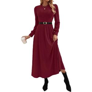 Redomo Women red Ribbed Knit Maxi Dress with Long Sleeves, Casual Holiday Celebration Wear, no Belt, A line Outfits Clothes, Large
