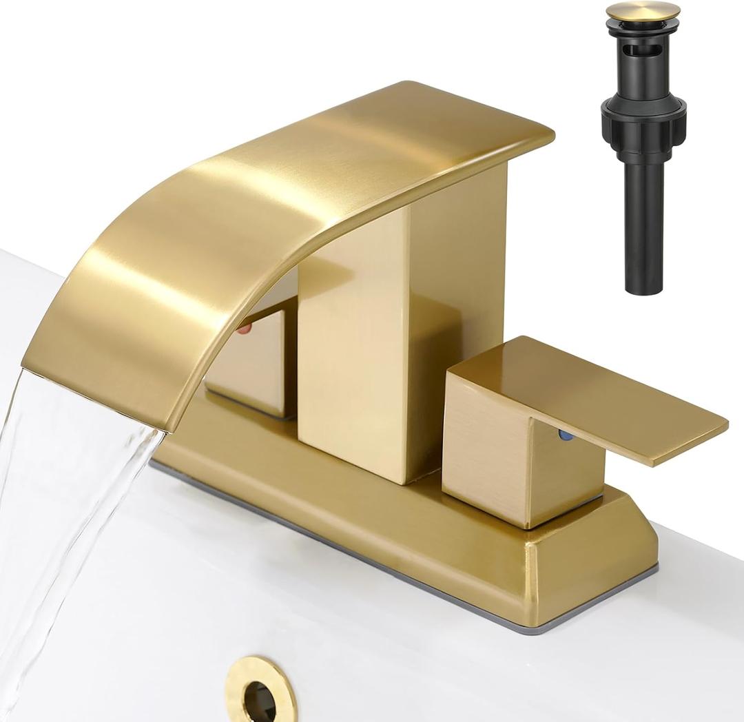 Hoimpro 3 Holes 4 Inch Bathroom Faucet, Waterfall Brushed Gold Bathroom Faucet Two Handles Centerset Bathroom Sink Faucet Vanity Sink Faucet with cUPC Supply Hoses and Pop Up Drain