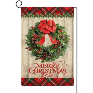 Baccessor Merry Christmas Garden Flag Coniferous Wreath Small Buffalo Plaid Wooden Vertical Double Sided Burlap Rustic Farmhouse Winter House Home Lawn Yard Outside Decoration 12.5 x 18 Inch