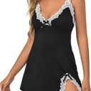 Women's Sexy Lingerie Babydoll V Neck Side Slit Sleepwear Cotton Nightgowns Slip Dress Chemise Nightwear (Black, XXL)