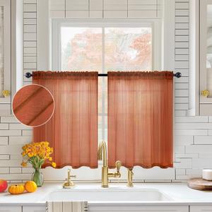 MIULEE Terracotta Sheer Curtains 24 inch Length Kitchen Window Curtains Over Sink, Short Small Curtains for Fall Bathroom Cafe Linen Textured Light Filtering Half Window Tiers Rod Pocket, 2 Panels