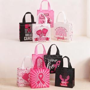 Breast Cancer Awareness Party Favor Bags, 9PCS Pink Ribbon Non-Woven Gift Tote Bags with Handles, Hope Strength Faith Treat Bags for Women Charity Fundraiser Campaign Party Supplies